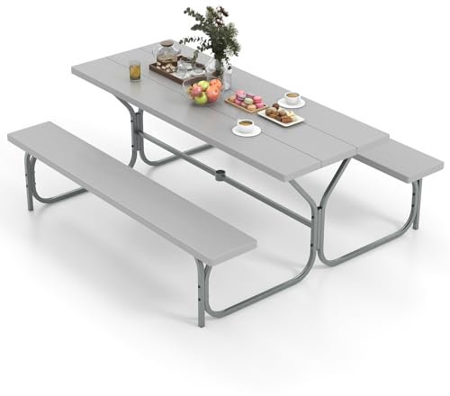 COSTWAY Bierzeltgarnitur 183 cm, Biertischgarnitur mit wetterfester HDPE-Tischplatte & Schirmloch, Biertisch mit 2 Bänken, Festzeltgarnitur, Sitzgarnitur für 6-8 Personen für Garten (Grau)