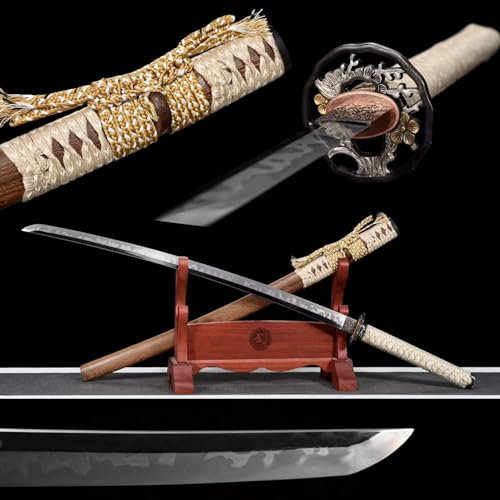 【Schönheit der Kalter Waffen】Meisterhaft handgefertigtes Katana,SamuraiSchwert mit natürlicher Palisanderscheide,T10Stahlklinge mit handgebranntem Spezialmuster,Kupferstulpen mit Vergoldung und Silber