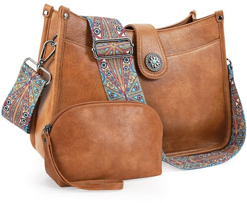 APHISON Umhängetasche Damen Handtasche Mittelgroß braun Crossbody Bag mit Breiter Gurt Hobo Bag Schultertasche veganem Leder Tasche 2 Schulterriemen Kartenschlitz Reisetasche