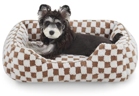 JOEJOY Dog Beds for Small Dogs -Cute Cat Beds for Indoor Cats Calming Pet Beds, Rectangle Orthopedic Cuddle Puppy Bed with Jacquard Shaggy Plush & Anti Slip Bottom, 20x19x6inches, Brown