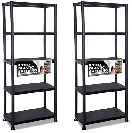 Crystals 2 X 5 Tier Plastic Shelving Unit | Durable Black Storage Shelves | Heavy Duty Plastic Racking Shelving | Multipurpose Shelve for Garage, Workshop, Sheds, Warehouse, and Office