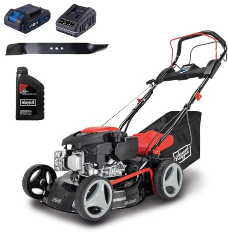 Scheppach Rasenmäher RM420AE | 5in1-3,5PS | Schnittbreite 420mm | 45L Fangkorb | Schnitthöhenverstellung 25-75 mm | inkl. E-Start, Radantrieb, Reinigungsfunktion & Motorölzweitem Mähmesser