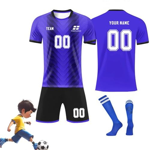 3-delat set personlig fotbollströja, designa din egen fotbollskit, herr fotbollströja set andningsbar snabbtorkande sportkläder kit med shorts och strumpor för träning och matchningar, Kungsblå, S