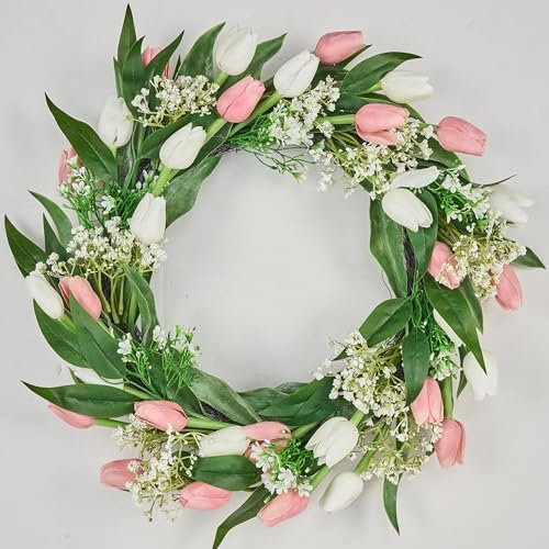 Avoceo Artificial Wreath for Front Door - Year-Round Greenery, 21 Spring & Summer Decorative Faux Tulip Wreath with Flowers, Perfect for Farmhouse, Weddings, & Seasonal Décor (E Tulips)