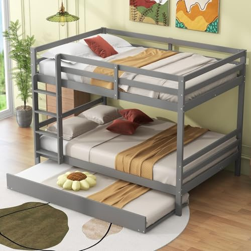 PUGSDRLY Lit Superposé Enfant 140x200cm avec lit gigogne 90x190cm,Cadre de Lit Superposés 2 Places pour Adolescent et Enfant,Design Clôture Haute,sans Matelas (Gris)