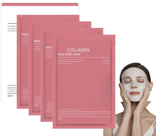 4 Pezzi Maschera Viso Al Collagene, Bio Collagen Real Deep Mask, Riduce le Linee Sottili e Le Rughe, Minimizzare I Pori, Migliorare L'elasticità, Idratare e Rassodare la Pelle