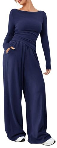 crazy bean Tuta Sportiva Invernale e Casual da Donna Tuta da Donna Elegante Curvy 2 Pezzi Casual Completa Manica Lunga Set Maglia a Pantaloni Sportivi con Elastico in Vita Blu Navy M
