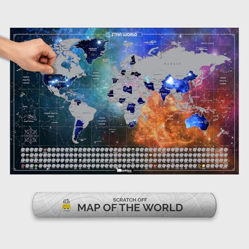 Giallobus - Carte du monde à gratter - Carte à gratter monde - Papier couché - 68L x 43,5l cm - 03 - Stellar World Map - Idées cadeaux - Carte à gratter avec drapeaux - argent