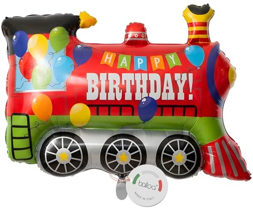 balloa Globo de papel de aluminio XXL Happy Birthday Locomotora, Globo de helio con motivo de tren, Globo de aire cumpleaños infantil niño decoración, Globo de papel de aluminio idea de regalo