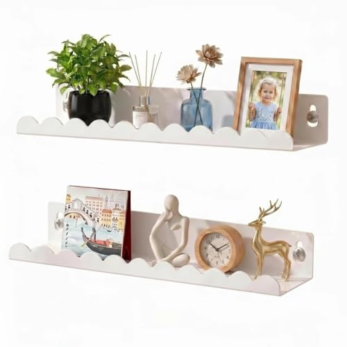 XUDIY Scalloped Floating Shelves Set of 2, White Metal Wall Shelves for Bedroom, Nursery & Living Room, Decorative Floating Book Shelves for Wall Storage(White)