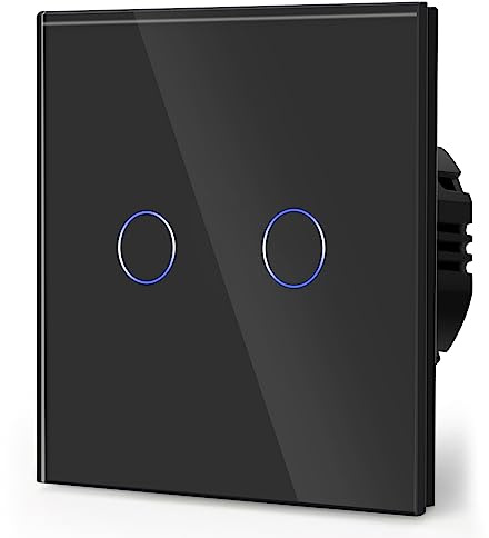 BSEED Touch-ljusströmbrytare, standard beröringskänsliga badrumsbrytare, härdat glaspanel med LED-bakgrundsbelysning, ingen neutral tråd behövs, 2 gäng 1 sätt, svart 86 mm