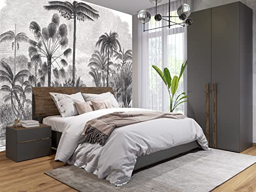 Panoramisk tapet sidenborr, 300 x 210 3D tapet tropisk djungelskiss svart och vit kokosnöt, perfekt dekoration för sovrum, vardagsrum, barn stor väggaffisch