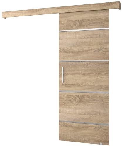 ABIKSMEBLE Salwador 4 Set di Ante Scorrevoli con Copertura del Binario - Strisce Decorative - Porte Scorrevoli per Pareti Interne - Costruzione Solida - 90 x 204 cm - Sonoma