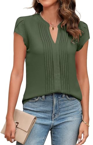 Blooming Jelly Womens Blouses Dressy Causal V Neck Pintuck Short Petal Sleeve Business Tops Ladies Summer 2026 Fashion Trendy Work Shirt (Large, Army Green)