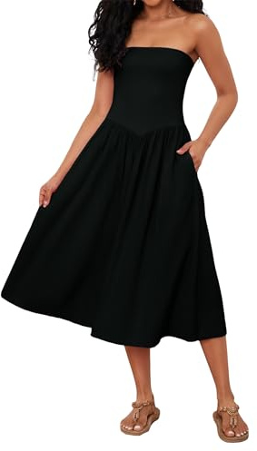 Livtany Women Off Shoulder Midi Dress Strapless Sleeveless Drop-Waist A Line Tube Dress Trendy Summer Swing Patchwork Dress Black