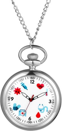 JewelryWe Taschenuhr Damen Krankenschwester Uhr: Silber Analog Quarz Krankenschwesteruhr Schwesternuhr Medizinische Muster Zifferblatt Kettenuhr Uhranhänger mit Halskette Kette für Ärtzte Frau Männer