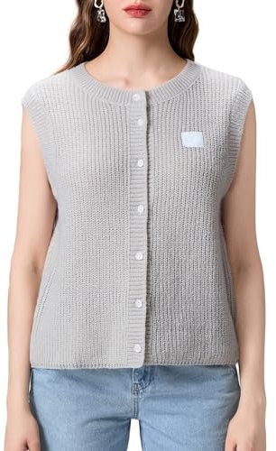 Nicoxijia Y2k Damen-Strickweste, ärmellos, vintage, bauchfrei, Knopfverschluss, Cardigan, Häkelweste, Top für Freizeit und Streetwear, hellgrau, XL