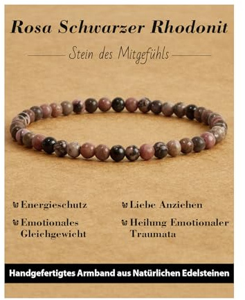 Landorilo Naturstein Perlen Heilstein Armband aus 4mm Runde Steinperlen, Yoga Armbänder für Damen Herren, Glücksarmband, Exquisite Geschenke, Ersatzperlen Inklusive(R Rosa Schwarzer Rhodonit)