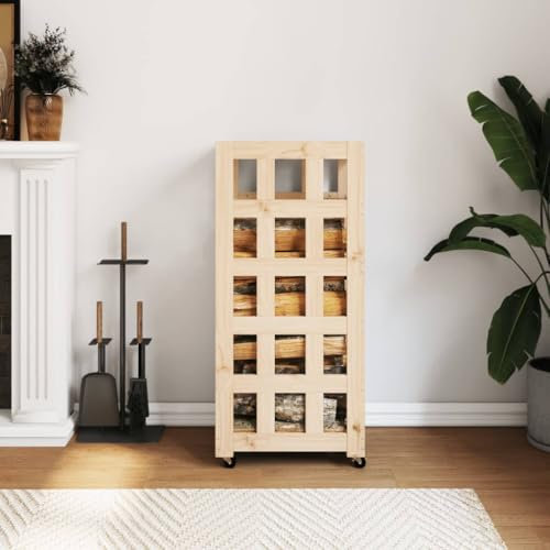 Brokky Portalegna con Ruote 40x49x110 cm Legno Massello di Pino|Portalegna Verticale Supporto Scaffale Porta Legna da Interno Esterno Legnaia Casa Giardino per Camino Caminetto Stufa Design Moderno