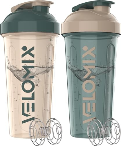 VELOMIX -2 PACK- 828ml Eiweiß Shaker - Auslaufsicher Shaker Proteinshake mit 2x Kugel, Drehverschluss & Mess-Skala | Protein Shaker Bpa Frei | Spülmaschinengeeignet