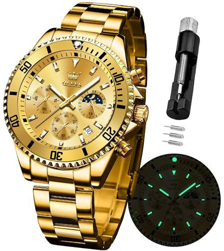 OLEVS Men's Watches Luxury Dress Stainless Steel Chronograph Quartz Watch | Big Face, Green Dial, Two Tone, Date, Moon Phase, Analog Sport Watch, 30M Waterproof, with Luminous Hands, for Men Gift