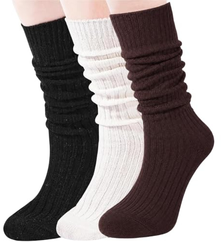 Moon Wood 3 Paia Calzini Lunghi Donna Arricciate Calze Termiche Donna Invernali in Lana Calzini Spugna Alti al Ginocchio Slouch 35-42