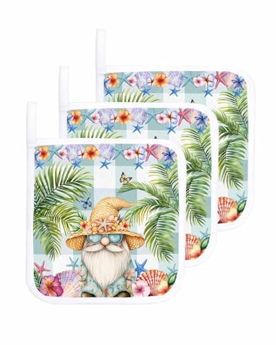 Pot Holders for Kitchen - Summer Palm Tree Gnomes Potholders Heat-Proof Oven Hot Pads Set of 3, Dwarf Shell on Green Plaid Potholder for Cooking Baking