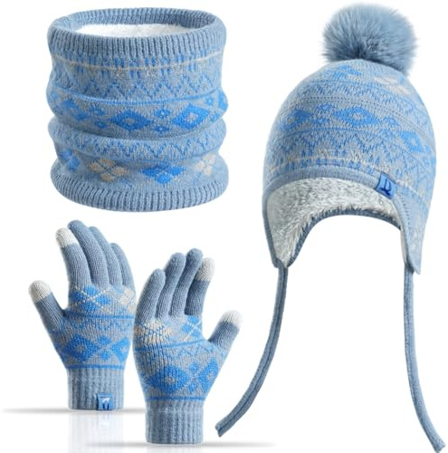 Yaopelky Kids Winter 3 Piece Set Fleece Lined Hat Neck Gaiter Gloves for 3-8Y with Pom Pom Warm Fair-Isle Touch Screen Snow School Outdoor Use (Blue)