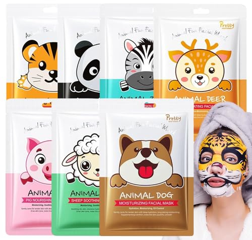 7er Set Gesichtsmaske, Hydratisierende und Beruhigende Tuchmasken mit Tiermotiven für Damen und Mädchen, Tägliche Hautpflege und Entspannende Beauty Maske