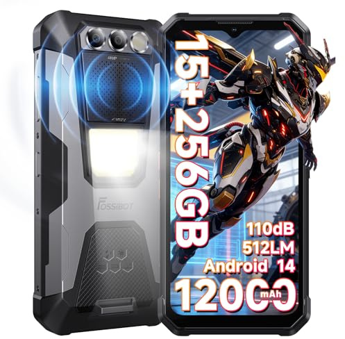FOSSiBOT F106 Pro Outdoor Smartphone, 12000mAh Akku Handy ohne Vertrag, 15GB+256GB, 6,58 FHD Android 14, 110dB Lautsprecher+3W LED, 48MP Kamera, NFC/4G LTE/GPS/IP69K