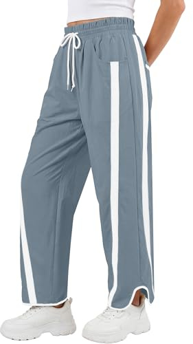 ANRABESS Women Track Pants Casual Drawstring Waist Lightweight Baggy Contrast Color Workout Barrel Leg Pants with Pockets Grey Blue Small