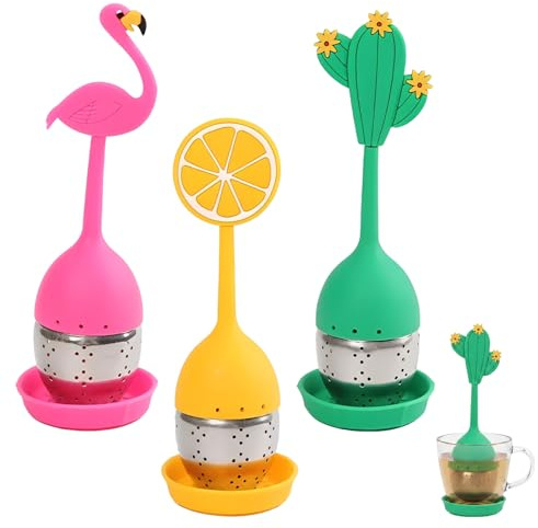 VEOIRXU 3 Piezas Infusor de Te Colador Te Con Platillo y Asas de Silicona (No Calientes) Infusionador de Acero Inoxidable Infusor de Te Para Té de Hojas Sueltas (Flamenco+Cactus+Limón Amarillo)