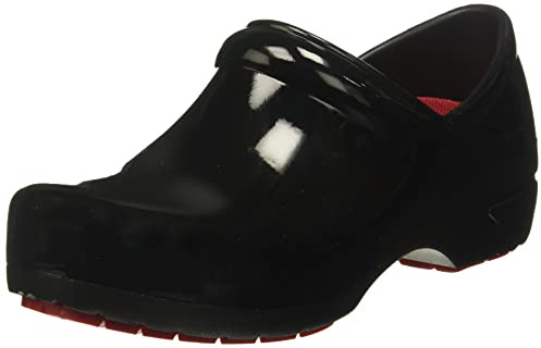 Anywear SR Angel Nursing Clogs - Non-Slip Work Shoes for Women & Men - Slip-Resistant Cushioned Nursing Shoes - Black Patent, Black - 9 Women/7 Men
