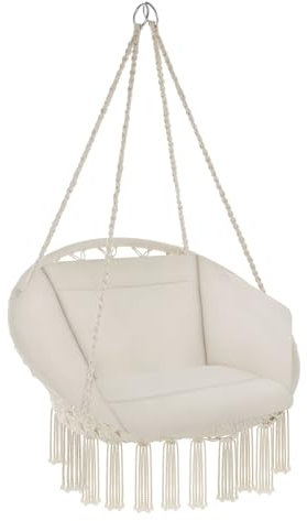 tectake® Hängstol Grazia - Tilltalande och Mjuk, Stabil Stålställning, Bomullsmaterial, Lämplig för Inomhus och Utomhus, Dekorativa Tofsar, Lätt och Enkel Förvaring - Beige