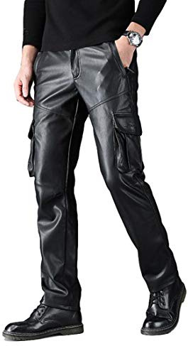 Idopy Men`s Multi Pockets Motorcycle Workwear PU Faux Leather Cargo Pants Black/30