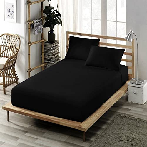 Bed Sheet-Elastic Fitted-Cotton Jersey-Bed Linen-King Size-Queen-Double-Twin Mattress Cover-Navy Blue,Black,90X190 cm