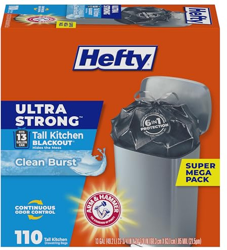 Hefty Ultra Strong Trash Bags, Black Tall Kitchen Trash Bags 13 Gallon Size, Break Resistant Drawstring Enclosure, Continuous Odor Control, Blackout, Clean Burst Scent, 110 Bags
