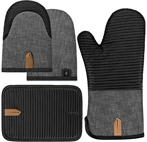 BONTHEE Ofenhandschuhe Topflappen Set Mini-Ofenhandschuhe Topfhandschuhe mit Anti-Rutsch Silikon Gestreift kochhandschuhe für Kochen Backen - 4er Set - Schwarz