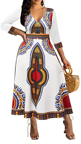 African Dress for Women Print Maxi Dress Sexy V Neck Dashiki Party Dresses Elegant Bohemian Long Sleeve Prom Attire Flowy Cocktail Tropical Vintage Outfits