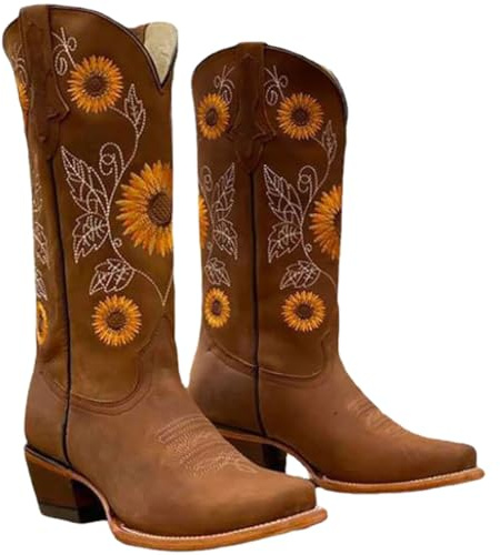 OLACD Botas vaqueras bordadas de tacón grueso a media pantorrilla para mujer, vintage, transpirables, botas occidentales para mujer