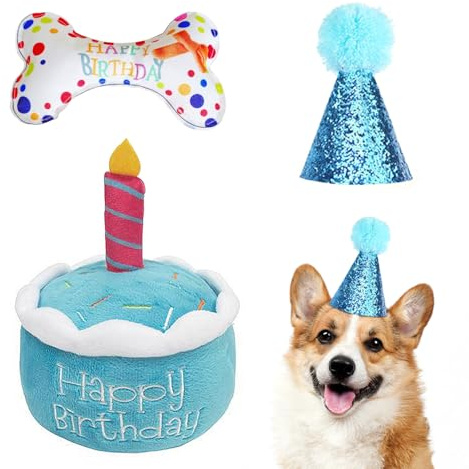 DHSBGWSX Set de Fête d'Anniversaire pour Animal de Compagnie - Gâteau en Peluche, Os Sonore, Chapeau d'Anniversaire, Jouet à Mâcher