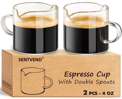 Espresso Cups Set of 2 - 4 Oz Espresso Shot Glass with Handle Double Spout Cups Clear Glass Milk Cup Espresso Accessories Great for Making Coffee Desserts Salad Dressings