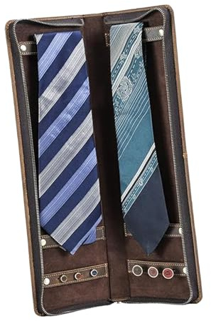 UVKDEENK Travel Ties Case, Genuine Leather Portable Necktie Cufflinks Storage Box, Zipper Tie Holder Organizer for Mens Coffee