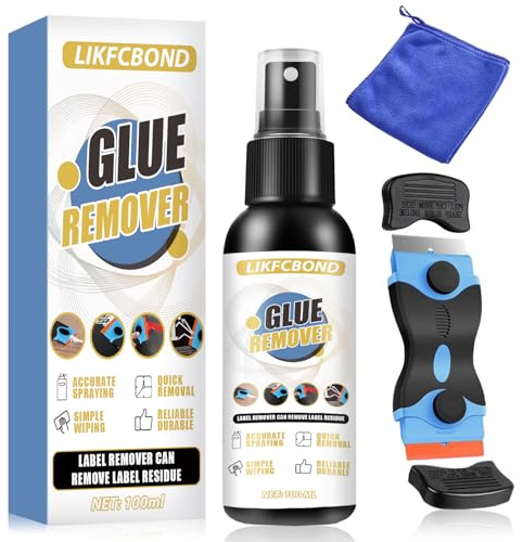 LIKFCBOND Kleberentferner Spray, Sekundenkleber Entferner, Etikettenentferner mit Doppelseitigem Schaber, Schnell Auflösen, Extra Stark Entfernt Schnell Hartnäckige Etiketten, Klebereste - 100ml