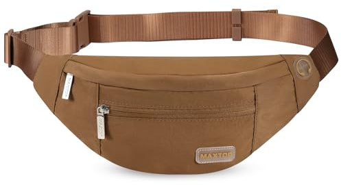 MAXTOP Large Bumbag Waist Fanny Pack Running Belt for Men Women Unisex Bum Bag with Headphone Jack and 4-Zipper Pockets Adjustable Belt for Travel Running Jogging Workout Hiking Gifts Brown