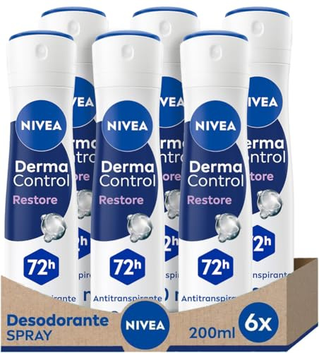 NIVEA Derma Control Restore - Desodorante Antitranspirante para Mujer - 72h Protección contra el Sudor - Con Ácido Hialurónico y Vitamina E - No Irrita las Axilas - Pieles Sensibles - Spray 6 x 200 ml