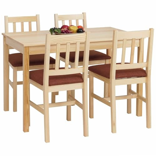 Mendler Juego de comedor HWC-F77, grupo de asientos de comedor, madera maciza de pino y tela de pino rústico, 110 cm, tapizado natural, terracota