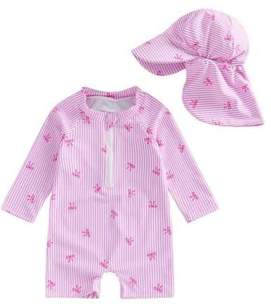 XIXIMAON Newborn Baby Girl Rash Guard One Piece Swimsuit Bow Stripes Print Long Sleeve Romper Swimwear Zip Up Beachwear Sun Hat Girls Bathing Suit (Pink, 0-3 Months)