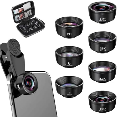 Ticha Ett set med utökad räckvidd för mobiltelefoner med dammpåse, inklusive 210° fisheye-objektiv, 120° vidvinkelobjektiv och 25x makroobjektiv.