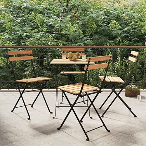 Kaloriko Lot de 4 chaises de bistrot pliables en bois de teck massif et acier revêtu par pulvérisation, chaises de jardin, balcon, terrasse, extérieur, empilables, résistantes aux intempéries, avec